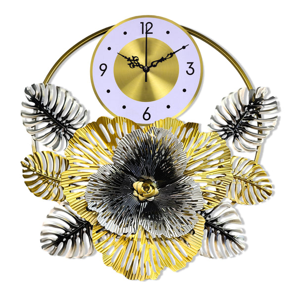 Large Decorative Wall Clock, Floral Metal Wall Art for Living Room, Silent Round Clock, Indoor Wall Hanging, Home Decor Gold Gray 24 inch 60 cm