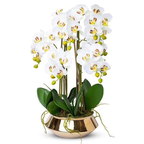 Lifelike Faux Orchid In Golden Ceramic Planter - Realistic Green Leaves & White Flowers For Home Decor