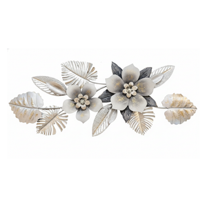 Large 60 Inch wide 3D Metal Flower Wall Art Sculpture with Silver & Gray Leaves, Textured Modern Botanical Decor for Living Room or Bedroom-Sona Casa