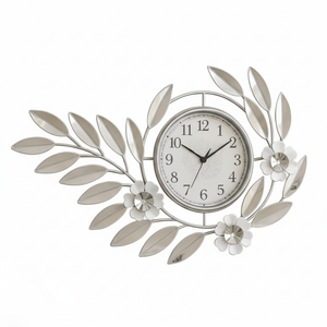 Large Silver Metal Wall Clock, Modern Floral Quartz Decor for Living Room & Home, Analog Decorative Clock-Sona Casa
