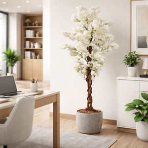 Large Artificial Tree, 55" White Sichuan Cherry Blossom, Nearly Natural Fake Plant, Indoor Outdoor Decor for Garden, Patio, Front Porch by Sona Casa