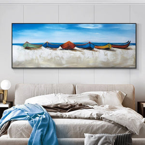Sail Beyond' Original Oil Painting with Colorful Boats, Blue Seaside - Textured Coastal Artwork Living Room Decor, Housewarming Gift by Sona Casa