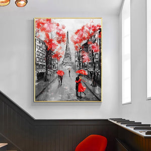 Eiffel Tower Paris Europe Painting, People in the Rain with Red Umbrella Modern Wall Art, Abstract Painting Hand Painted Oil Painting by Sona Casa