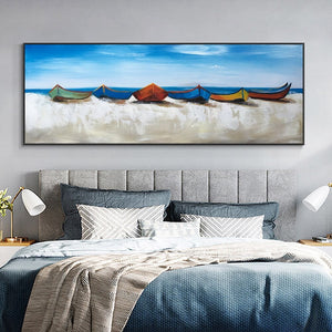 Sail Beyond Colorful Boats Painting, Blue Sky and Seaside Modern Wall Art, Original Handmade Oil Painting | Home Decor