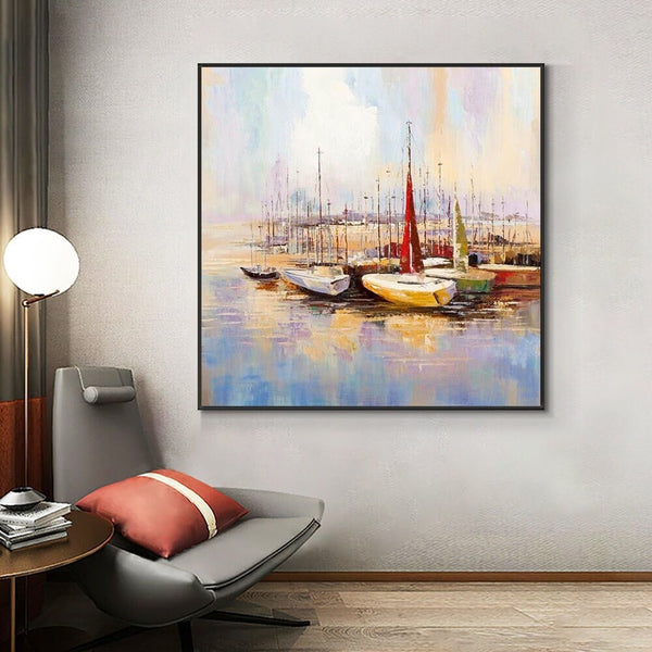 Colorful Marina Boat Painting Wall Art, Abstract Wall Art for Living Room, Painting on Canvas, Hand Painted Oil Painting for Home Decor by Accent Collection