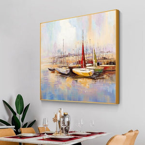 Colorful Marina Boat Painting Wall Art, Abstract Wall Art for Living Room, Painting on Canvas, Hand Painted Oil Painting for Home Decor by Sona Casa
