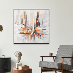 Original Abstract City Painting, Textured Orange Canvas Art Modern Framed Wall Art for Home Decor by Sona Casa