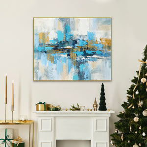 Random Strokes Large Abstract Canvas Painting - Blue and Gold Handmade Art for Living Room Decor, Unique Housewarming Gift by Sona Casa