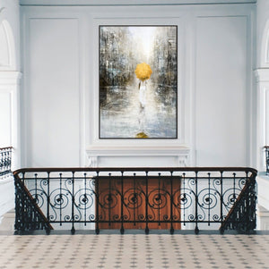 Lost in the City, Large Painting of Girl in Rain, Abstract Painting, Original Art, Oil Painting for Living Room, Oversized Wall Art, Yellow by Sona Casa