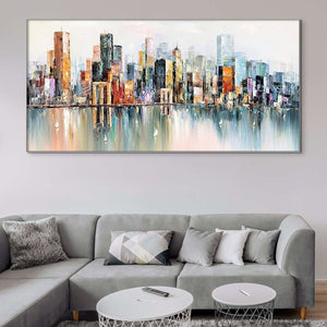 Abstract New York Painting - Handmade Large Canvas Art, Urban Cityscape Oil Painting for Modern Wall Decor, Unique Housewarming Gift by Sona Casa