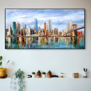 Abstract City Painting, Vibrant Manhattan Wall Art, Textured Skyline Canvas, Unique Housewarming Gift, Framed Wall Art America by Sona Casa