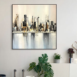 Abstract City Painting, Large Skyline Wall Art, Minimalist Urban Decor for Living Room, Artistic Housewarming Present by Sona Casa