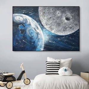 Earth and Moon Painting - Large Textured Canvas Wall Art, Celestial Space Decor for Home and Office, Unique Astronomy Gift by Sona Casa