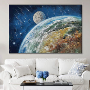 Earth and Moon Painting - Extra Large Textured Canvas Art, Hand-Painted Impasto Space Artwork for Modern Home Decor, Unique Astronomy Gift by Sona Casa