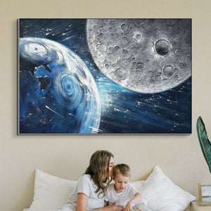 Earth and Moon Painting - Large Textured Canvas Wall Art, Celestial Space Decor for Home and Office, Unique Astronomy Gift by Sona Casa