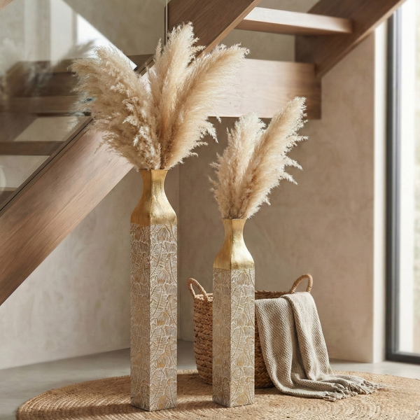 Modern Decorative Metal Tall Vase, Rustic Weathered Finish, Handmade Gold Living Room Decor, 42" and 35" Pots for Pampas Grass-Sona Casa